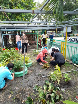 Đoàn viên tham gia hỗ trợ trồng, chăm sóc lại "Vườn hoa công đoàn", "Vườn hoa chi đoàn" của trường